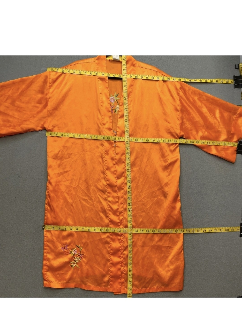 Avon Y2K Robe Kimono Satin Orange Embroidered Floral Butterflies Lounge Wear
